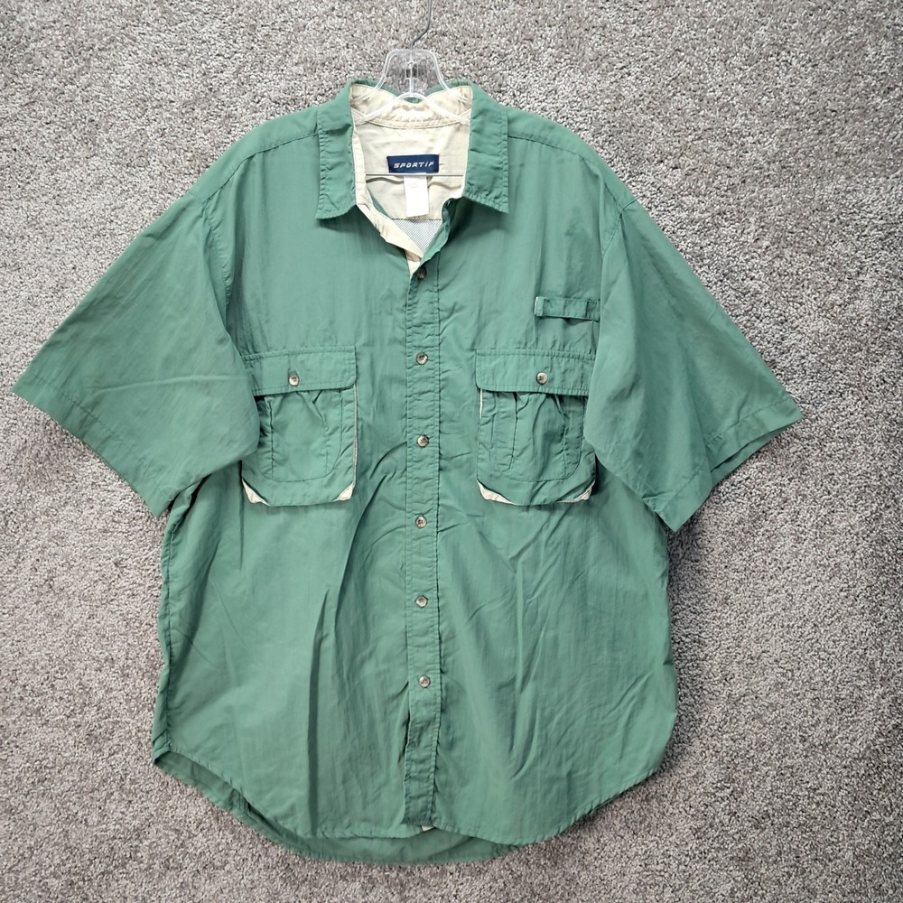 Sportif‎ Mens Green Short Sleeve Vented Fishing Shirt XL Nylon Utility Pockets